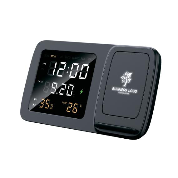 Настольные часы "Smart Screen" с беспроводным (15W) зарядным устройством, гигрометром, термометром, календарём, с подсветкой логотипа