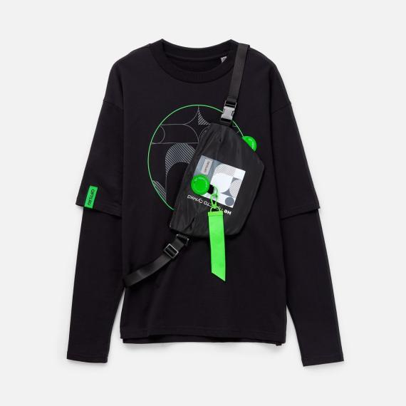 Футболка оверсайз с двойным рукавом Kosmos, черная, размер XS/S